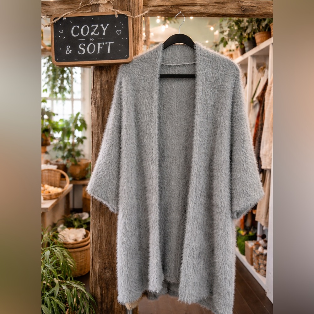 Cozy Fuzzy Eyelash Cardigan Kimono Soft Gray Open Front OS - Picture 2 of 5